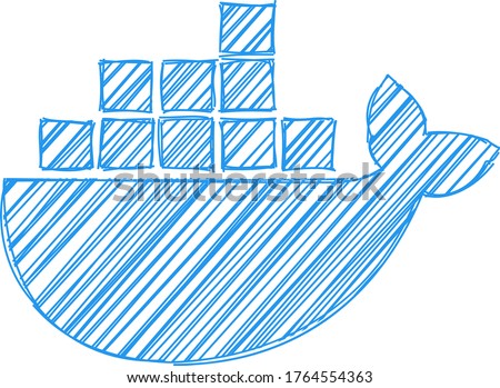 Docker emblem in sketch style. A blue whale with containers.