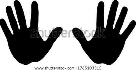 Black silhouettes of the left and right palms on a white background. The prints of both hands. Easily scalable vector illustration, isolated.