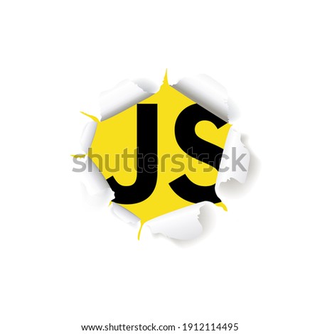 JavaScript can be seen emblem from under torn paper. The letters JS on a yellow background.