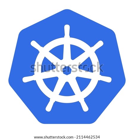 Kubernetes logo. White helm or steering wheel on the blue background.
