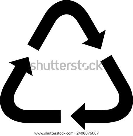 Three arrow triangle on transparent background, recyclable packaging sign, isolated vector icon.