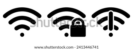 Set of three symbols of Wi-Fi. Normal signal, secure network and offline. Vector icons.
