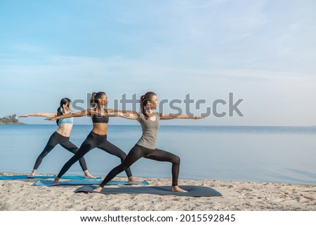 Similar – Image, Stock Photo Woman practicing pilates pose Cobra in park on summer