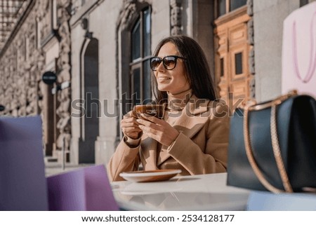 Similar – Image, Stock Photo a woman enjoys after a hiking trip the achieved view on sea and rocks in the sun