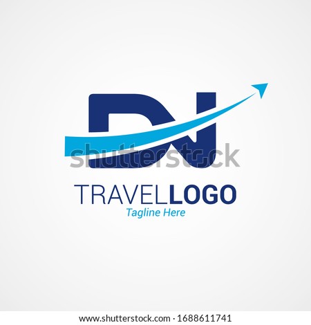 Flat modern travel logo design with capital letter “DN”. Simple Airplane templates inspiration for airlines, airplane tickets, travel agencies, and emblems. Blue color isolated on white background.
