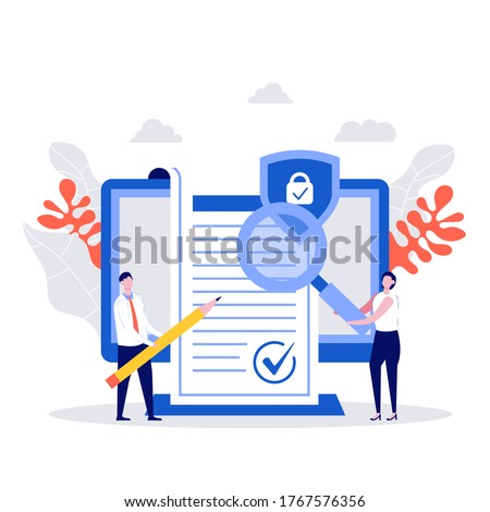 Business people sign contract concept. Characters checking agreement. Corporate document data protection, terms and conditions and privacy policy concept. Modern vector illustration in flat style.