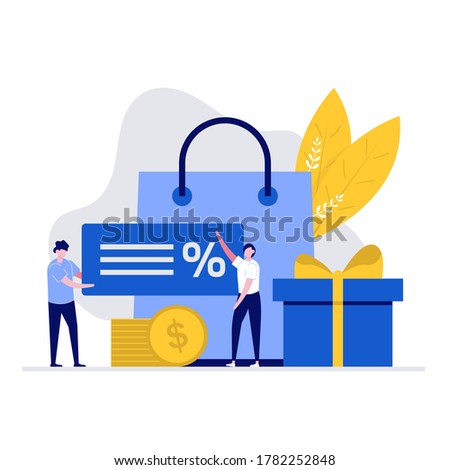 Cashback and customer loyalty program vector illustration concept with characters, a big shopping bag and discount voucher. Modern flat style for landing page, web banner, infographics, hero images.