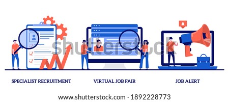 Specialist recruitment, virtual job fair, job alert concept with tiny people. Headhunting vector illustration set. Human resources, digital hr, job offer, work opportunity information metaphor.