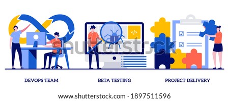 DevOps team, beta testing, project delivery concept with tiny people. Software development and technology analysis abstract vector illustration set. Programming teamwork, quality assurance metaphor.