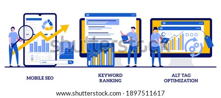 Mobile SEO agency, keyword ranking, alt tag optimization concept with tiny people. Search engine marketing abstract vector illustration set. Website ranking, page navigation metaphor.