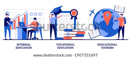 Internal and vocational education, educational tourism concept with tiny people. Professional learning abstract vector illustration set. Business coach, student group, education abroad metaphor.