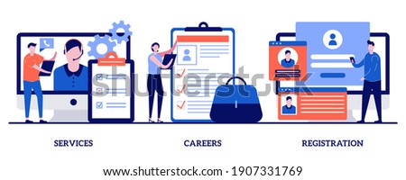 Service, careers, registration page concept with tiny people. Corporate website abstract vector illustration set. Menu bar design, corporate website, create account, user experience metaphor. Foto d'archivio © 