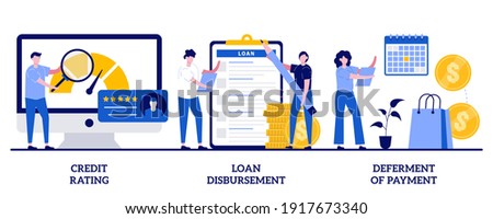 Credit rating, loan disbursement, deferment of payment concept with tiny people. Bank service vector illustration set. Risk evaluation, student loan, payment terms, financial hardship metaphor.