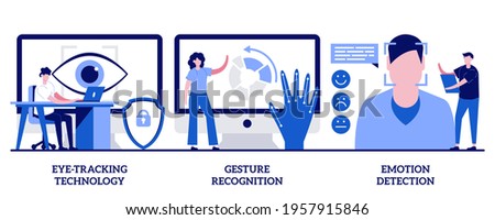 Eye-tracking technology, gesture recognition, emotion detection concept with tiny people. Modern sensor tech vector illustration set. Human-computer and user interface interaction methods metaphor.