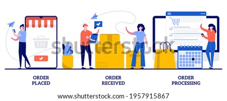 Order placed, received and processing concept with tiny people. E-commerce shopping vector illustration set. Online booking, customer service, warehouse software, virtual purchase metaphor. Сток-фото © 