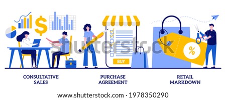 Consultative sales, purchase agreement, retail markdown concept with tiny people. Marketing and promotion vector illustration set. Terms and conditions, product price, b2b selling, discount metaphor.