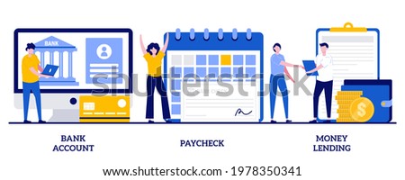 Bank account, paycheck, money lending concept with tiny people. Money transfer abstract vector illustration set. Online banking, savings deposit, payroll, bank credit card details, metaphor.