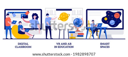 Digital classroom, VR and AR in education, smart spaces concept with tiny people. Interactive learning vector illustration set. Blended learning, virtual reality, technology in education metaphor.