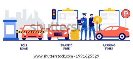 Toll road, traffic and parking fine concept with tiny people. Driving rules violation vector illustration set. Tollway fee, speeding ticket, no parking zone, penalty notice, pass card metaphor.