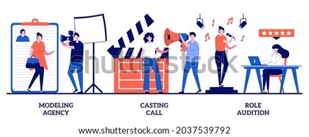 Modeling agency, casting call, role audition concept with tiny people. Fashion and movie industry vector illustration set. Commercial shootings, brand advertising, talent search, interview metaphor.