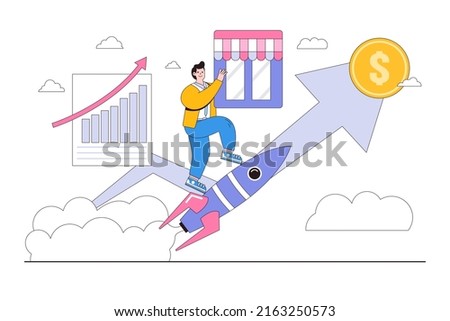 Grow storefront or build small business by using marketing to promote shop, increase and earn more profit concepts illustrations. Businessman flying on rocket with holding store and go to target.
