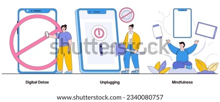 Digital Detox, Unplugging, Mindfulness Concept with Character. Digital Balance Abstract Vector Illustration Set. Relaxation, Mental Well-Being, Disconnect to Reconnect Metaphor.