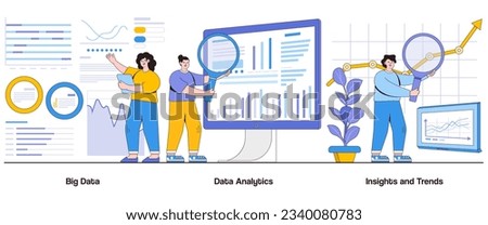 Big Data, Data Analytics, Insights and Trends Concept with Character. Data-Driven Decisions Abstract Vector Illustration Set. Information, Analysis, Business Intelligence Metaphor.