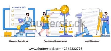 Business compliance, regulatory requirements, legal standards concept with character. Compliance management abstract vector illustration set. Risk mitigation, ethical conduct, regulatory adherence.