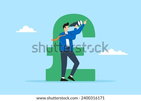 Businessman in UK currency looking to the future with binoculars in flat design