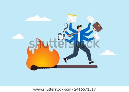 Businessman running above burning matchstick