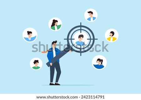 Businessman focus with magnifying glass on customer, user, or people