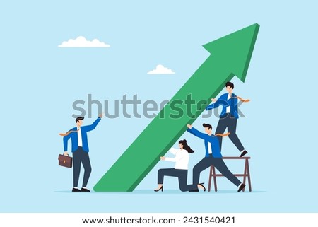 Business team pushing green graph arrow upwards. Concept of efforts to improve and grow the business, teamwork and collaboration to growing company, and fostering career growth