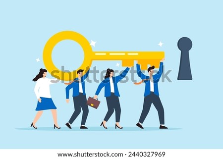 Business team collaborates to carry big key towards keyhole, illustrating teamwork achievement and key to success. Concept of working together to solve problems, career opportunities, unlock secrets