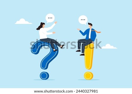 Businessman and businesswoman sit on question and answer mark, illustrating qa session. Concept of faq, and discussions to find solutions, brainstorm ideas, conversation, or quiz