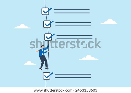 Businessman climbing rope to completed work checklist illustrating completion of tasks or todo lists. Concept of checking off items, achieving productivity goals, and following success plan