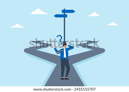 Businessman thinking between two directions with question mark. Concept of decision making in face of uncertainty, process of choosing between two options, and navigating difficult situations