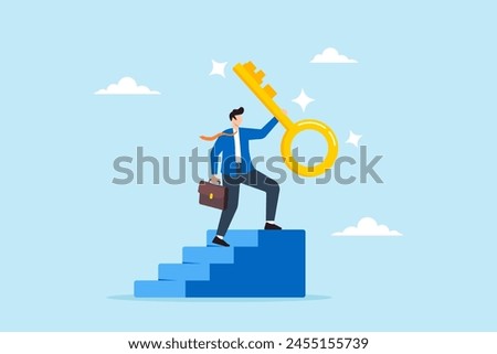 Victorious businessman ascends to the top of stairway lifting golden success key towards the sky. Concept of find secret key or achieve career targets