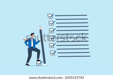 Businessman expertly holds pencil while ticking all completed tasks on checklist, illustrating getting things done. Concept of accomplishment, progress in projects, and satisfaction of achieving goals