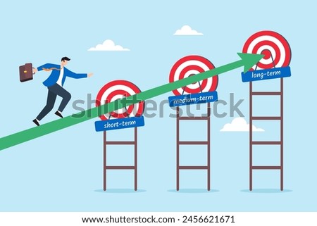 Businessman running towards short, medium, and long term goals, illustrating setting objectives across different timeframes. Concept of step to achieving success and aiming reaching targets