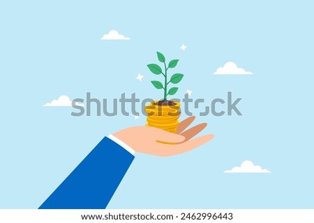 Flat illustration of hand holding pile coin growing plant investments nurturing aspect potential