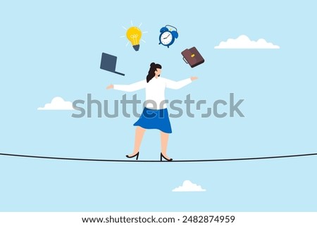 Businesswoman balancing on tightrope juggling laptop light bulb alarm clock and briefcase concept work-life balance multitasking