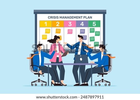 Vector illustration of colleagues preparing crisis management plan with sticky notes on whiteboard emergency response