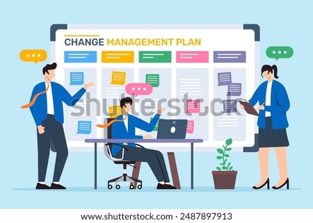 Vector illustration of working together in change management plan with sticky notes on whiteboard