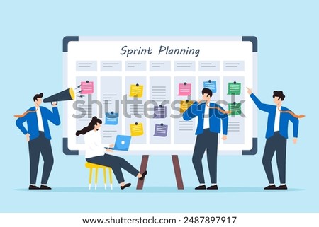 Vector illustration of team collaborating on whiteboard sprint planning with sticky notes iterative development