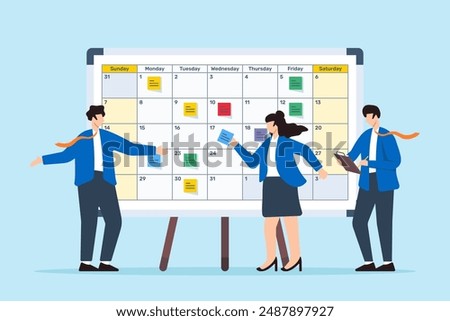 Vector illustration of colleagues developing content calendar with sticky notes on whiteboard editorial planning