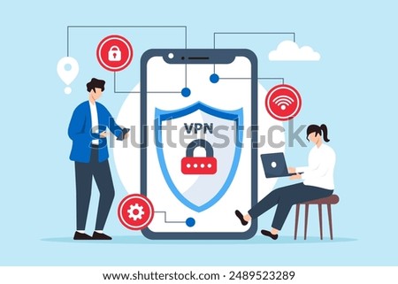 Flat illustration of two people setting up vpn virtual private network to secure internet connection