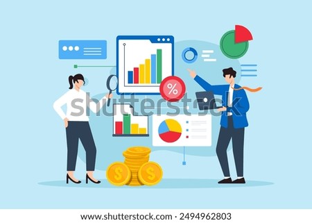 Economic impact analysis, assessing effects of economy changes, macroeconomic, forecasting concept vector illustration, business analyst analyzing indicators