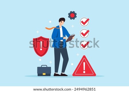 Risk assessment and management, identifying potential risks and mitigation strategies, ensuring project security concept vector illustration. Analyst with checklist and caution signs