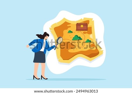 Discovering market opportunities, strategic exploration, insightful analysis, data-driven strategy concept vector illustration. Businesswoman mapping out treasure hunt with data