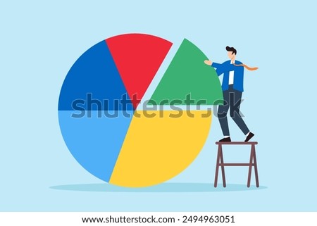 Market segmentation analysis, data visualization, collaborative business strategy, concept vector illustration. Businessman assembling giant pie chart